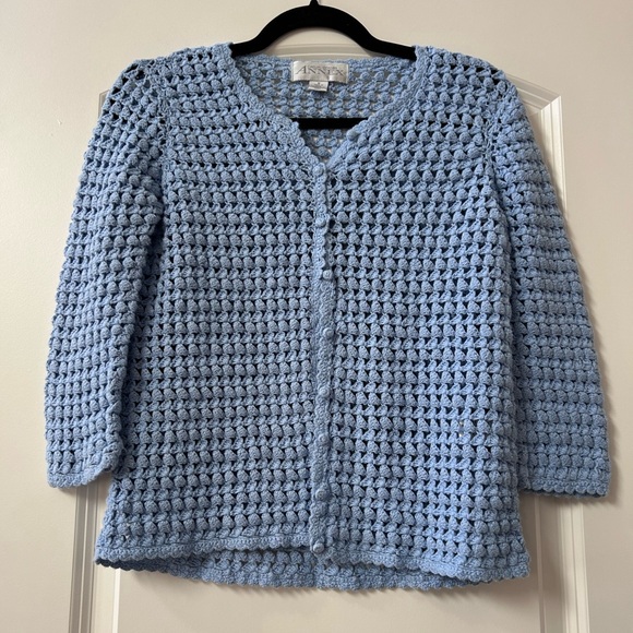 Casual Corner Sweaters - Vintage Casual Corner Baby Blue Crocheted. Coastal. Cottagecore. Y2K.  Festival